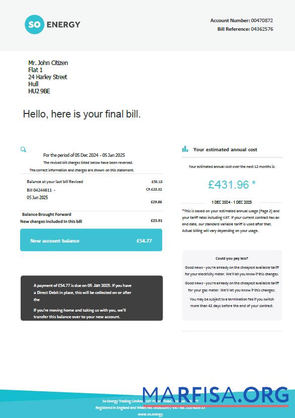 Realistic United Kingdom So Energy utility bill template in Word and PDF formats